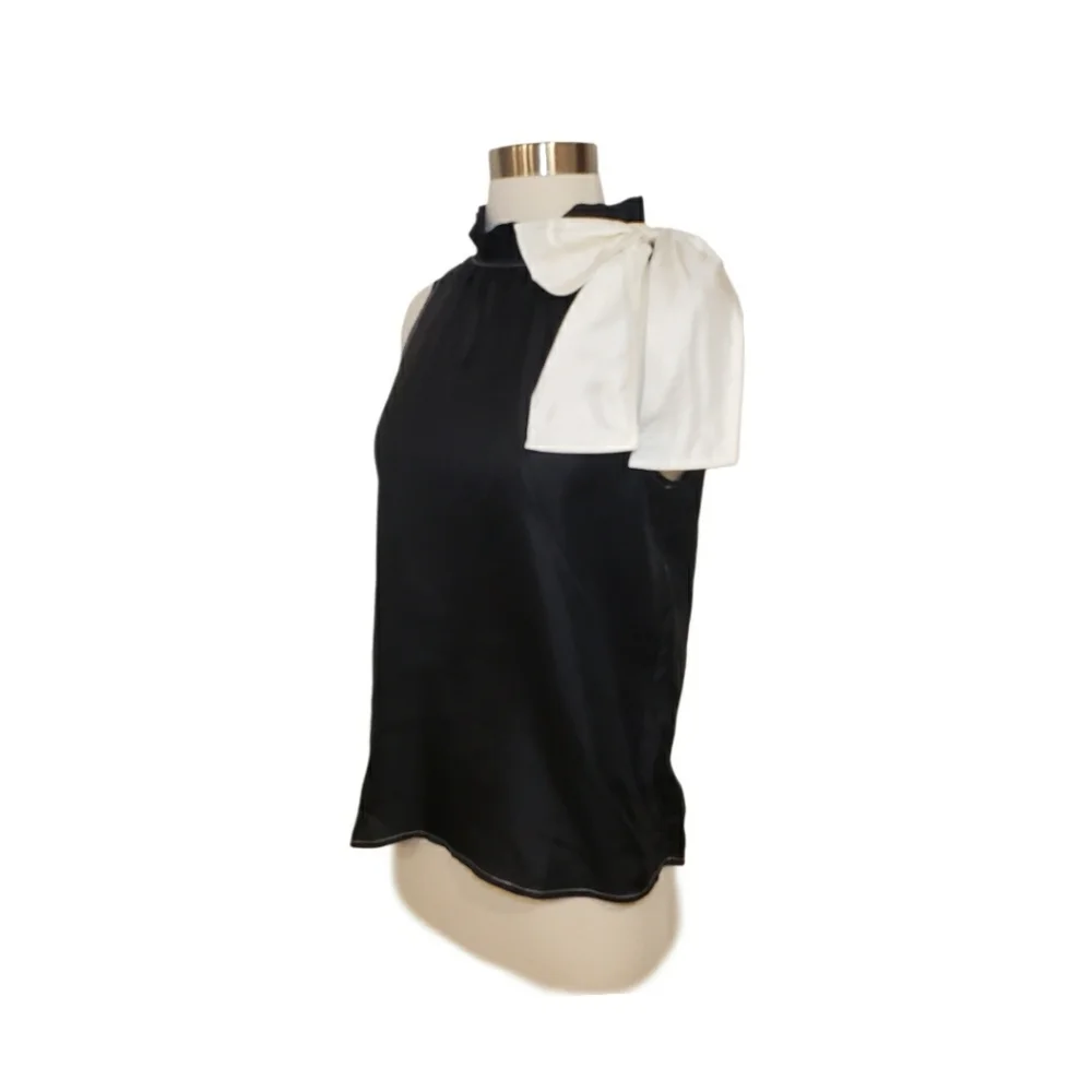 NWT J. Crew Collection XS Silk Twill Black Sleeveless Top with Fixed White Bow